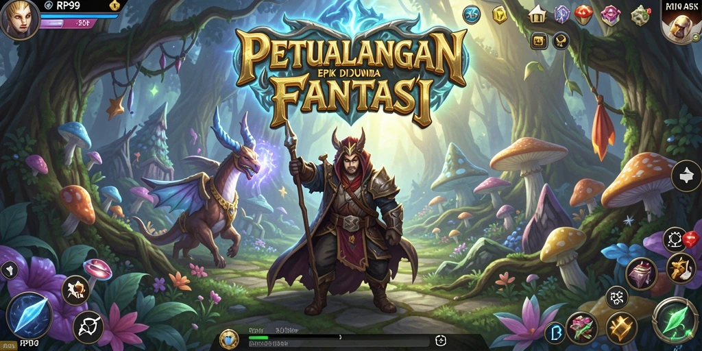 Tangkapan layar gameplay RP99 menampilkan pertarungan epik di dunia fantasi.