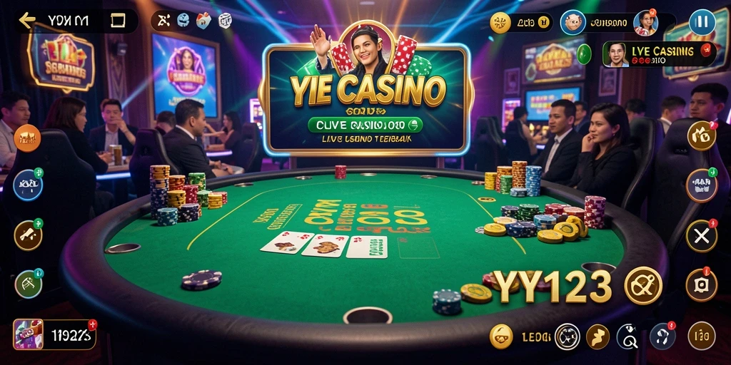 Screenshot gameplay Live Casino YY123 menampilkan dealer dan permainan yang menarik.